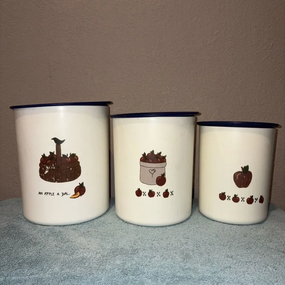 VINTAGE TUPPERWARE “An Apple a Day” WHITE/BLUE TOPS SET OF 3 ONETOUCH CANISTERS
